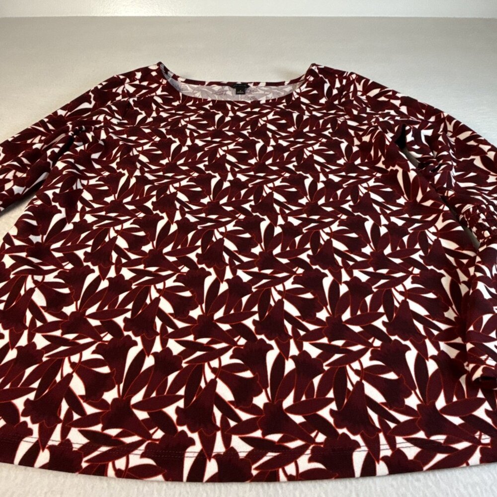 Ann Taylor Burgundy Floral Stretch Top‎ Long Smocked Bell Sleeves Med - Picture 3 of 9